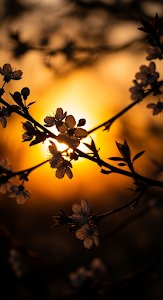 Close-up of Cherry Blossoms on Branch Silhouetted Against a Golden Sunset