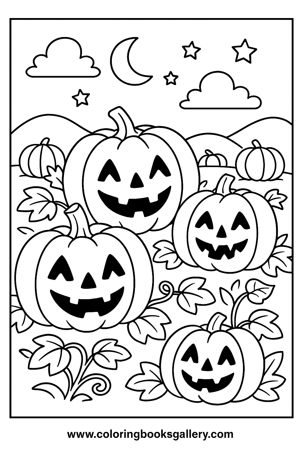 Pumpkin patch with carved jack-o’-lanterns free printable coloring sheet