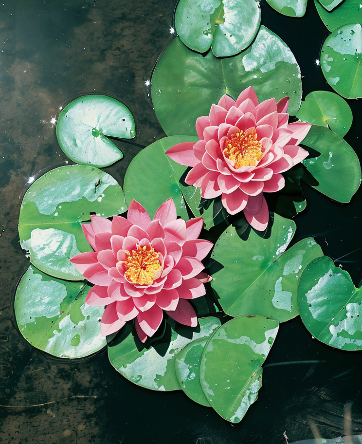 Nymphaea 'Hollandia' ninfea rustica rosa in fiore in un laghetto da giardino.