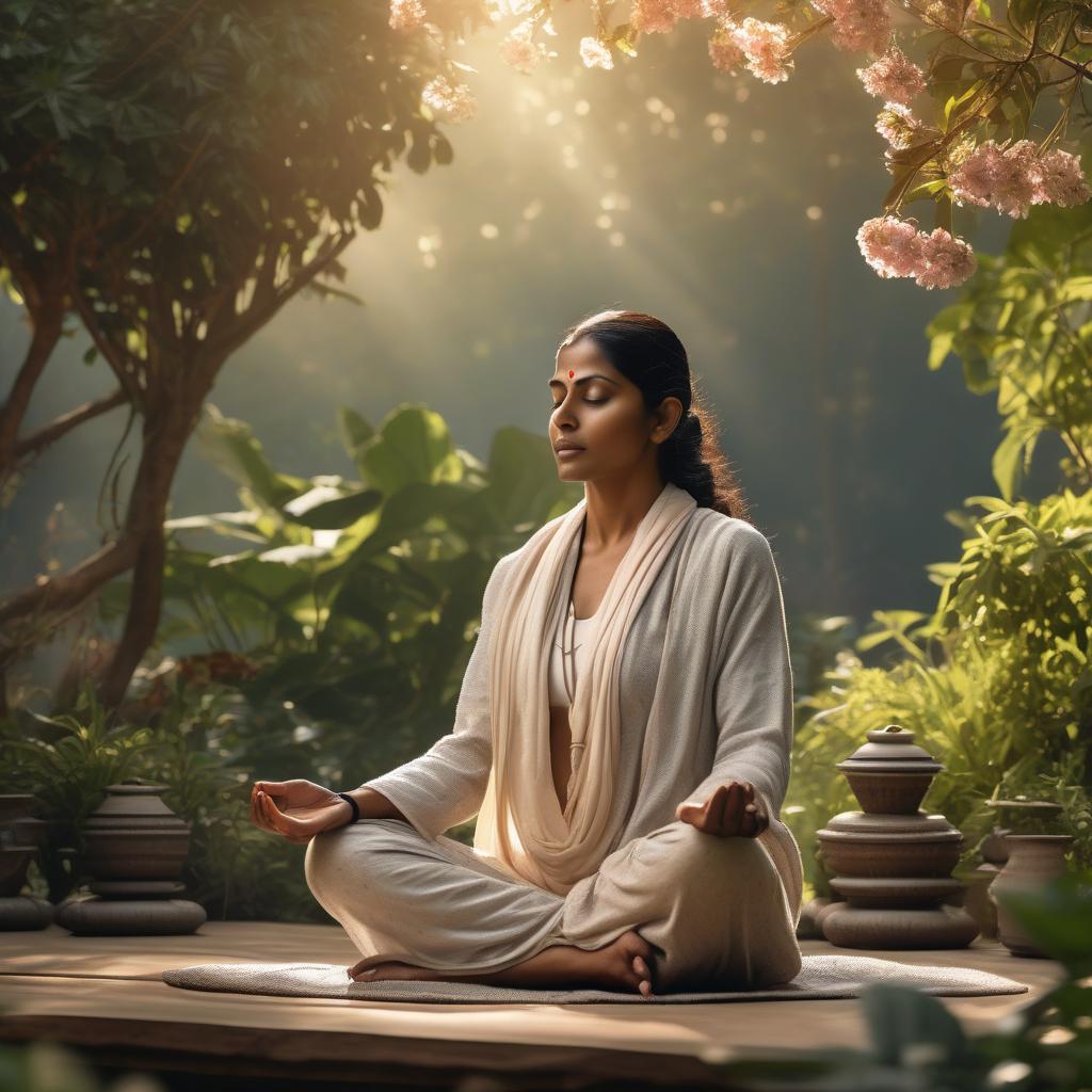 Indian woman meditating in a serene garden with soft morning light