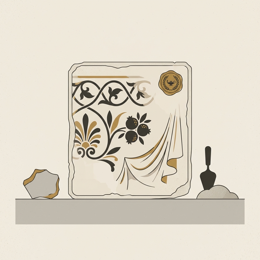 Minimalist 2D vector of a Roman wall painting fragment with a roman intaglio ring impression stylized vines and a nearby pottery shard on an Aurora Antiqua background