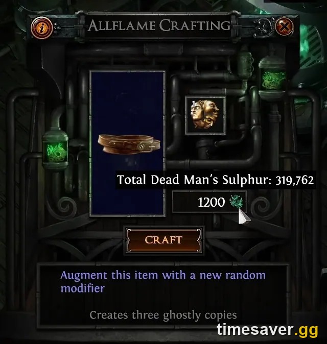 The Allflame Crafting interface in Path of Exile 3.29 Curse of the Allflame, used for the Dead Man's Sulphur craft that several league challenges ask for