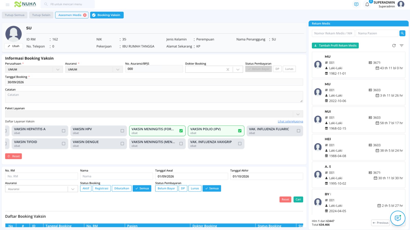 Tampilan fitur Booking Vaksin pada Modul Vaksin NUHA