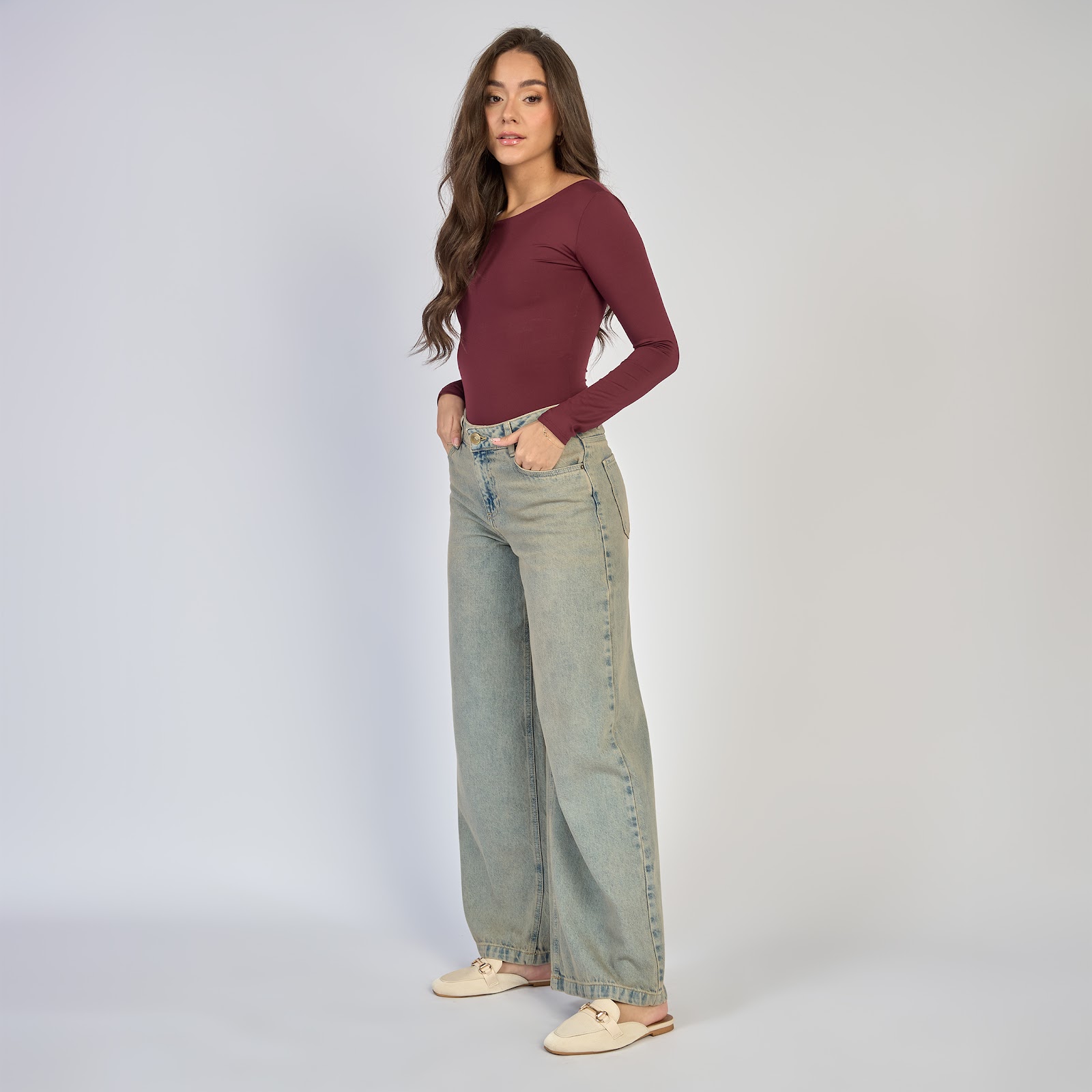 Jean dama wide leg tiro alto rígido, color Azul dirty - Vista 2