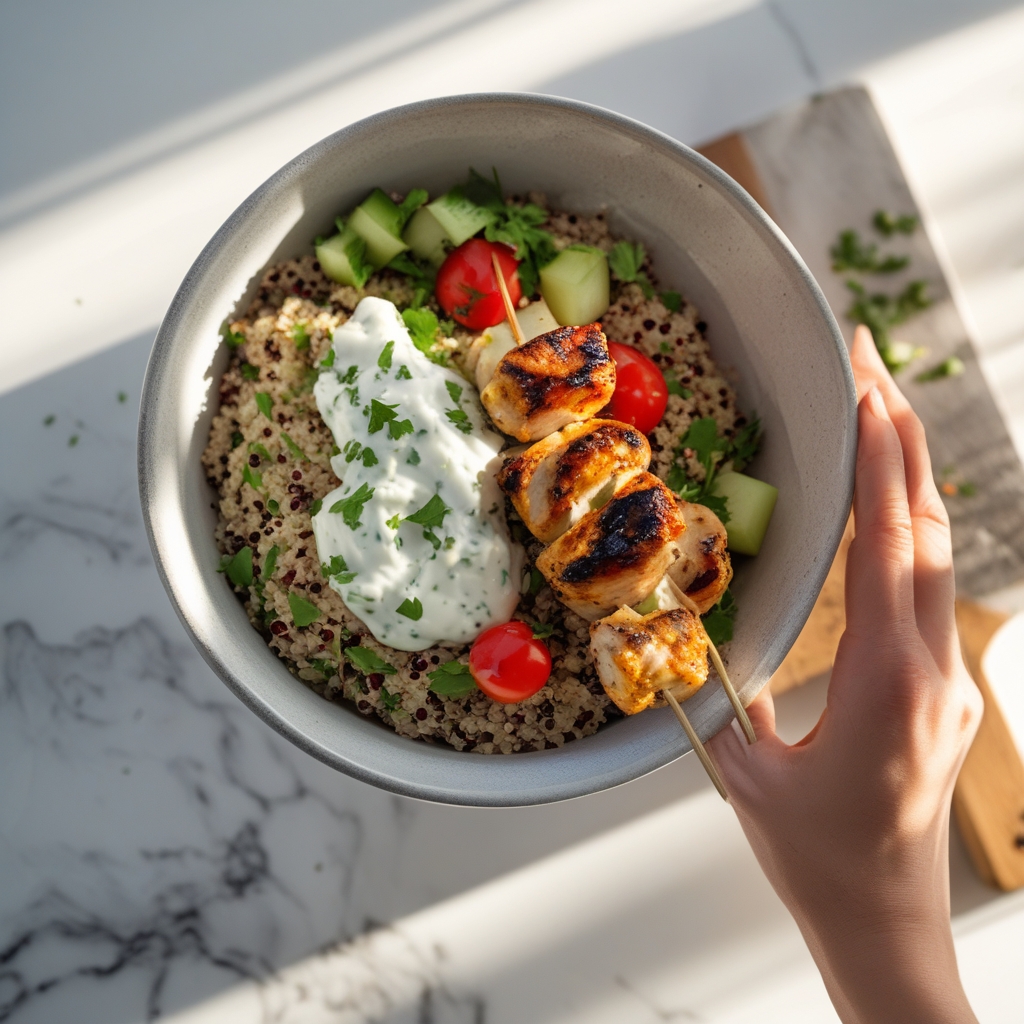 Mediterranean Chicken Skewer Bowl with Tzatziki & Quinoa Tabouli