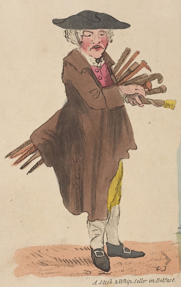 A stick  whip seller in Belfast 19th century