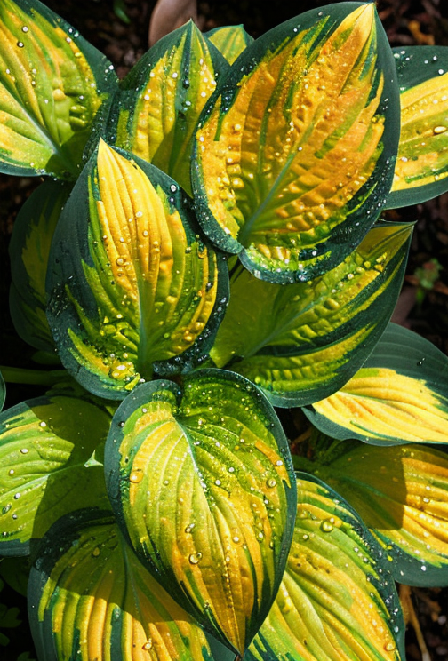 Hosta 'Orange Marmalade' con foglie arancio e verdi in giardino ombreggiato