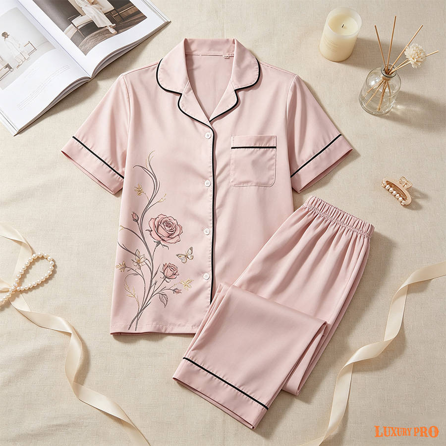 AOP NGO Trimmed Short‑Sleeve Pajama Long Pants Set