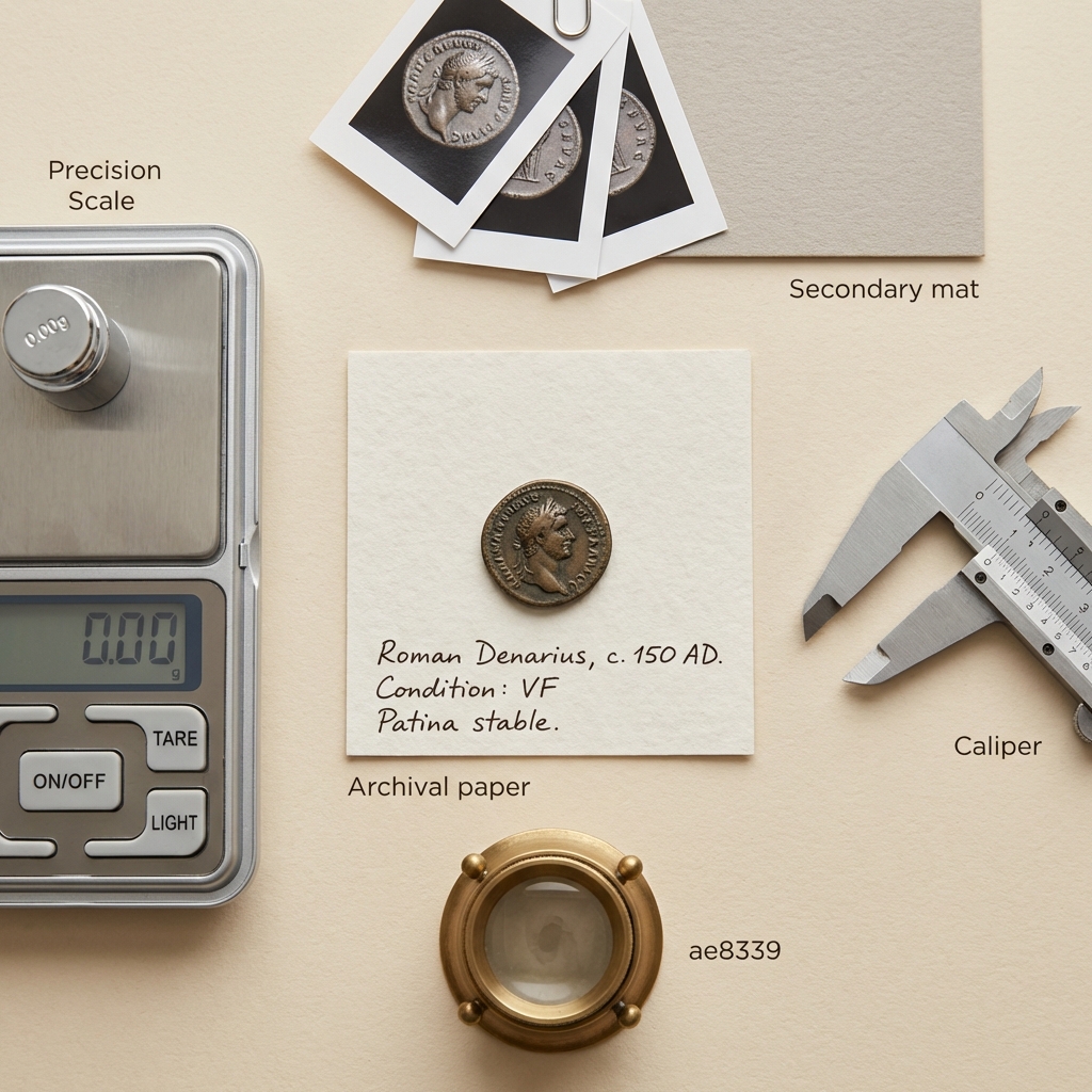 Minimalist top down collector workspace showing roman coin jewelry on beige archival paper with loupe calipers scale and handwritten condition notes
