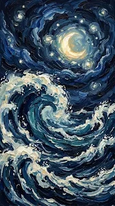 Impressionist Starry Night Sky over Turbulent Blue Ocean Waves