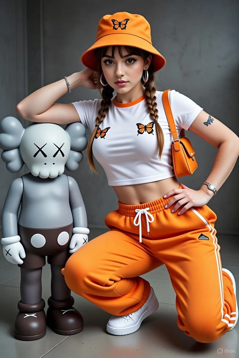 Mujer elegante con figura artística al estilo KAWS - Editorial de moda