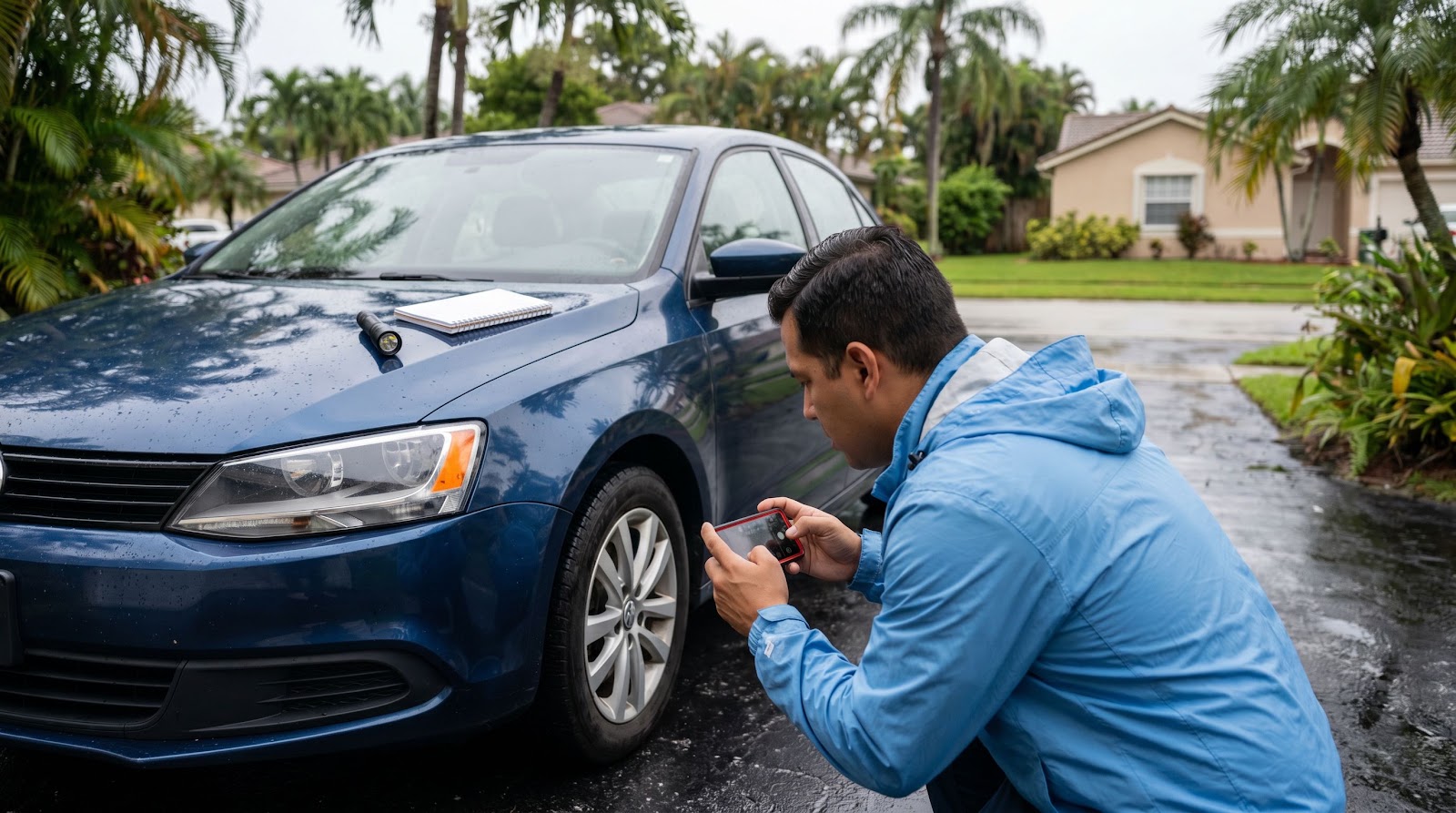 Florida pothole damage rain car insurance claim evidence after hitting a flooded pothole