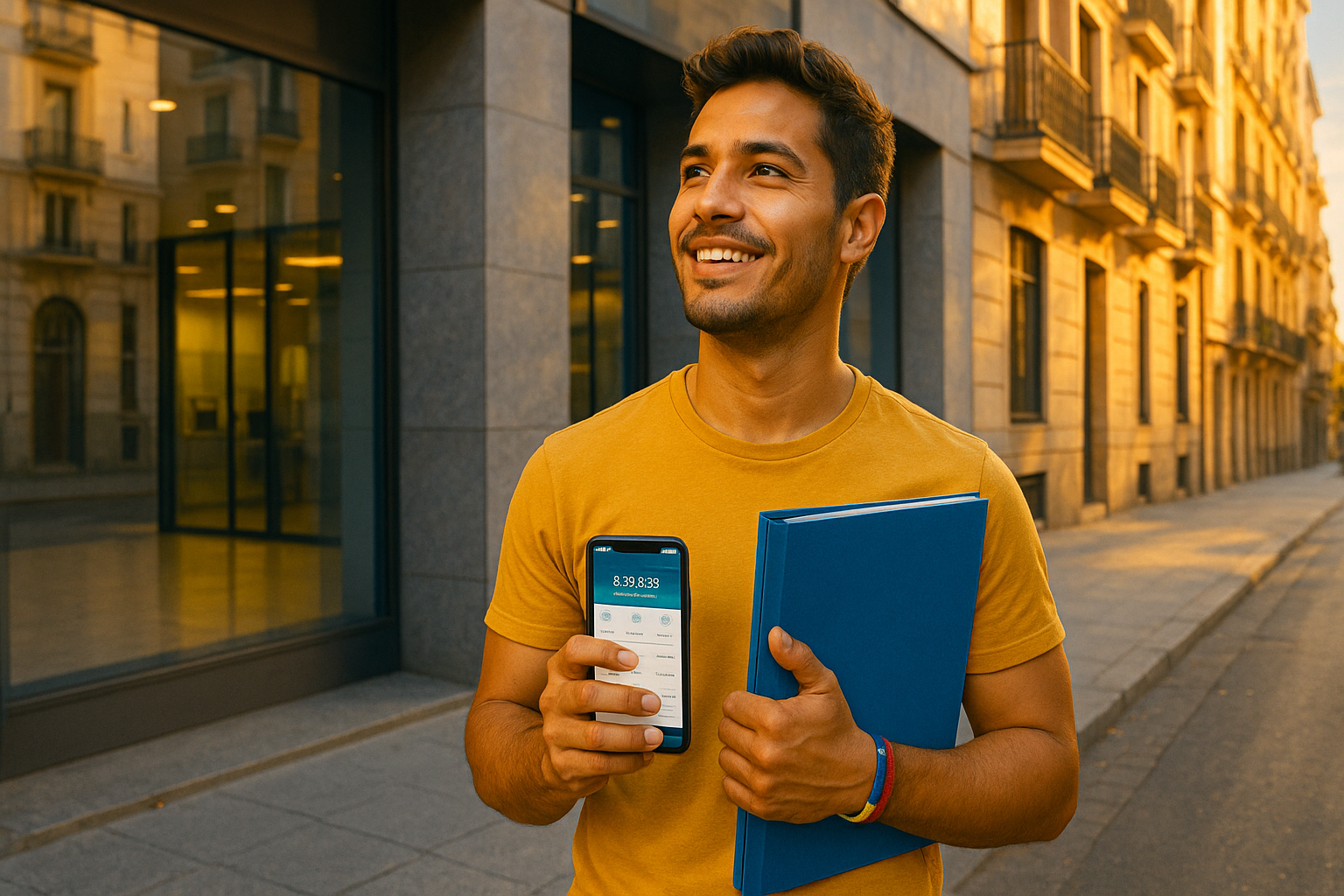 Venezolano en España con carpeta de documentos y tarjeta bancaria, requisitos bancarios