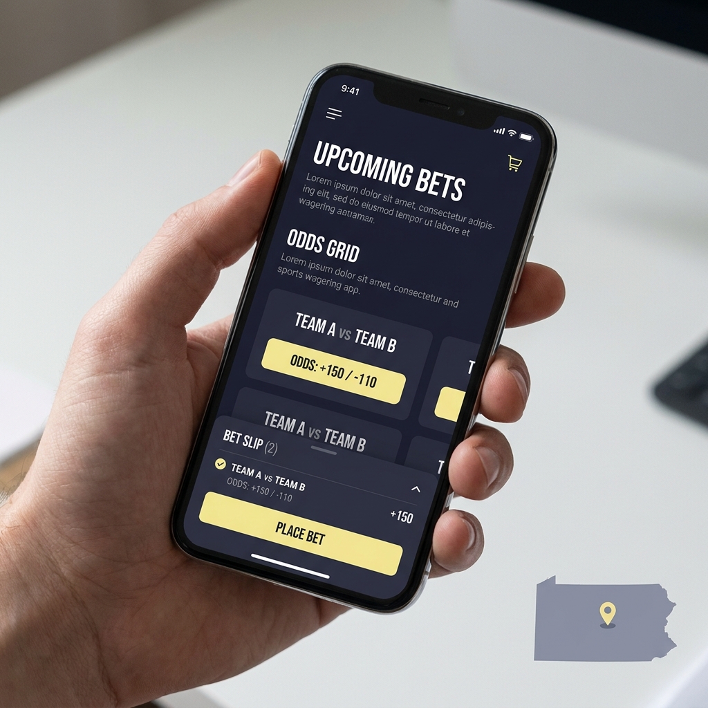 Close up smartphone displaying a minimalist sports wagering app interface with a pinned Pennsylvania map in the background styled for pa bets in dark Funded Plays palette