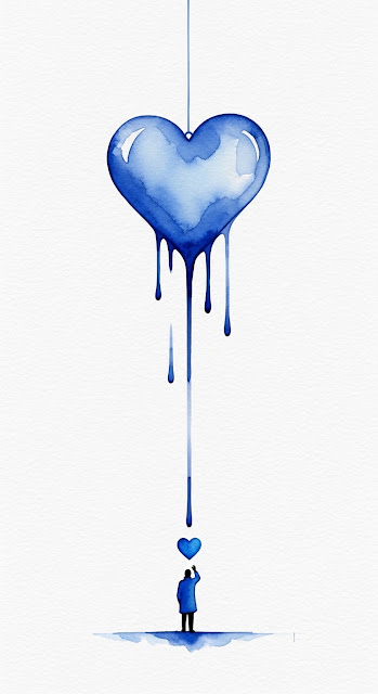 Minimalist Watercolor Blue Heart and Figure - Free mobile Wallpaper