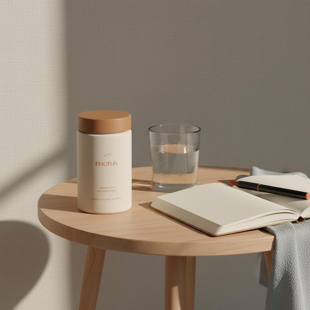Minimalist bedside scene with Tonum Motus supplement jar beside a glass of water and an open journal on a neutral linen surface in soft morning light — vitamin D.