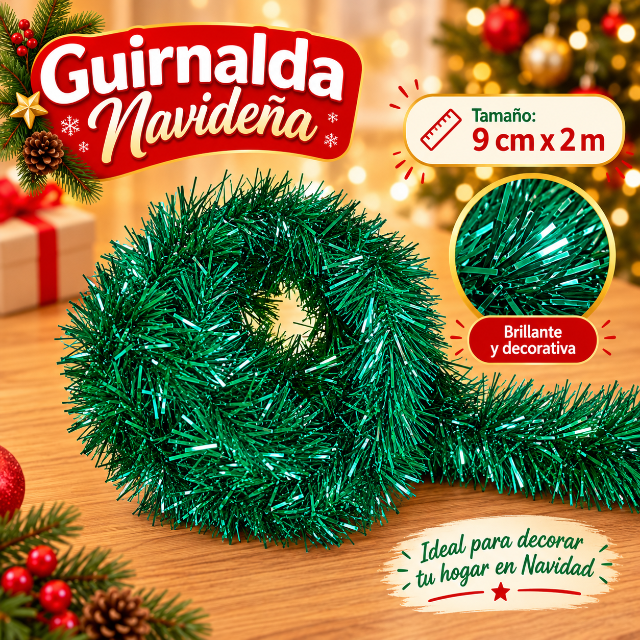Guirnalda navideña de tinsel verde oscuro 9 cm x 2 m