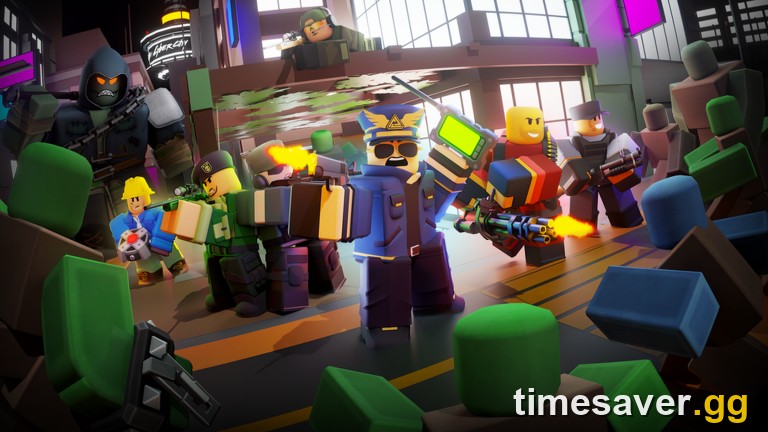 Tower Defense Simulator official artwork of towers fighting a horde of zombies in a city street