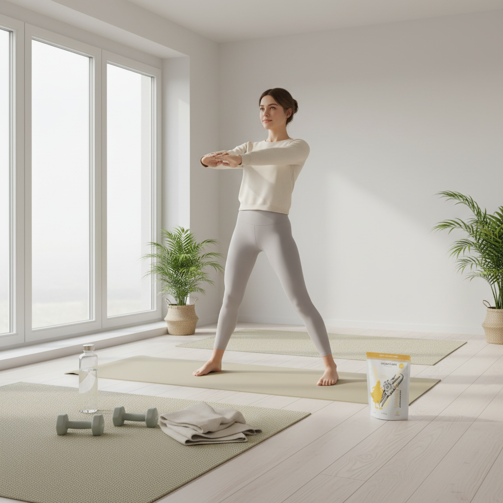 Minimalistische Home-Workout-Szene im skandinavischen Wohnzimmer bei winterlichem Licht, Yoga‑Matte, kleine Ausrüstung und das Produkt aus Referenzfotos. Gilt Joghurt als tierisches Eiweiß?