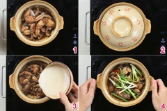 Thêm vào phần nước ướp ếch rồi đậy nắp lại nấu khoảng 5 phút. Sau đó lấy ra đảo đều rồi cho vào 1/2 chén nước lọc có hòa một ít bột năng vào. Nấu đến khi nước sôi thì cho vài trái ớt tươi và hành lá vào, thêm 1 ít tiêu cho thơm.