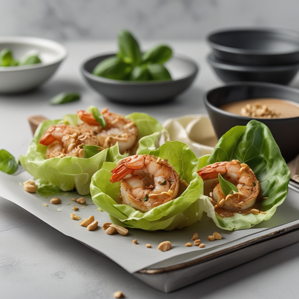 Crispy Thai Basil Shrimp Lettuce Cups with Peanut Lime Drizzle