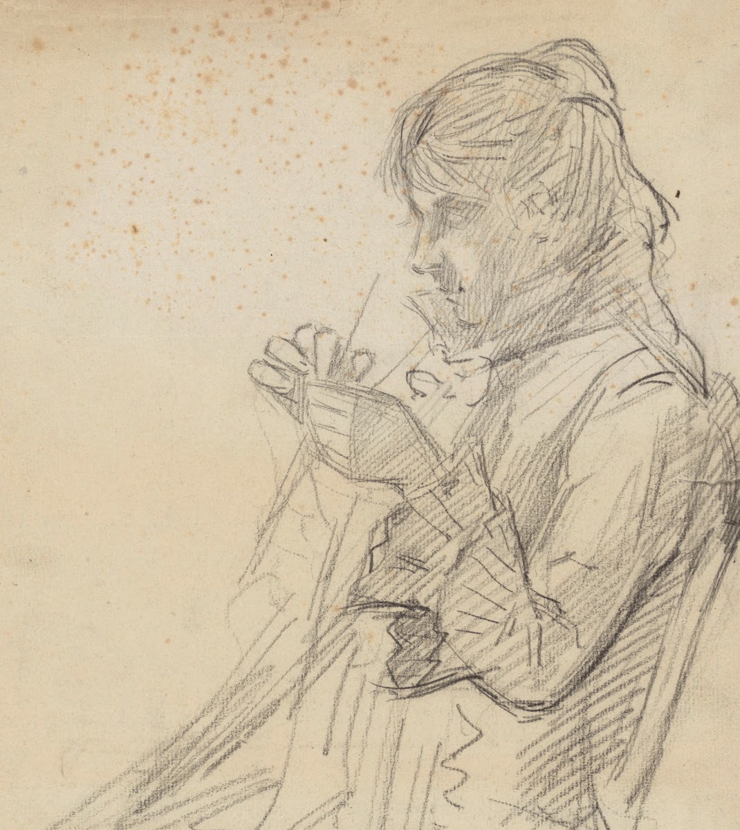 Jeune femme de profil gauche tricotant croquis