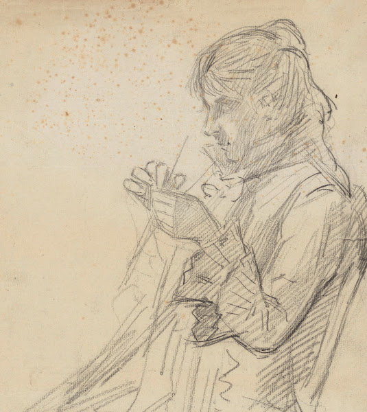 Jeune femme de profil gauche tricotant croquis