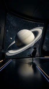Sci-Fi Room Overlooking Saturn Planet Wallpaper