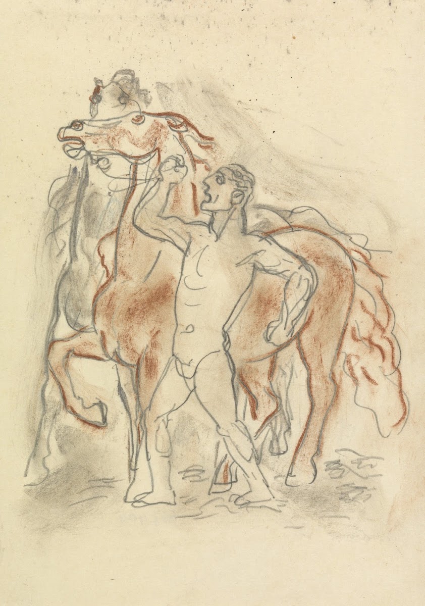 Schetsblad met naakte man die twee paarden in bedwang houdt 2 20th century