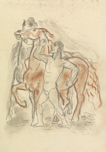 Schetsblad met naakte man die twee paarden in bedwang houdt 2 20th century