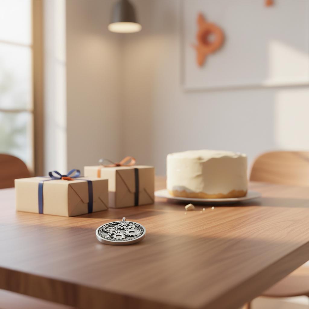 Nahaufnahme Esstisch mit geschlossenen Geschenken, einfacher Vanilletorte und graviertem Metall‑Anhänger in ruhiger, minimalistischer Szene, geschenke zur konfirmation