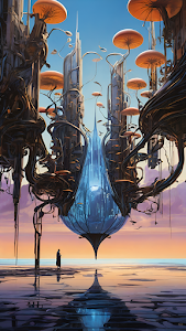 Futuristic City with Floating Blue Spire Amidst Giant Mushrooms