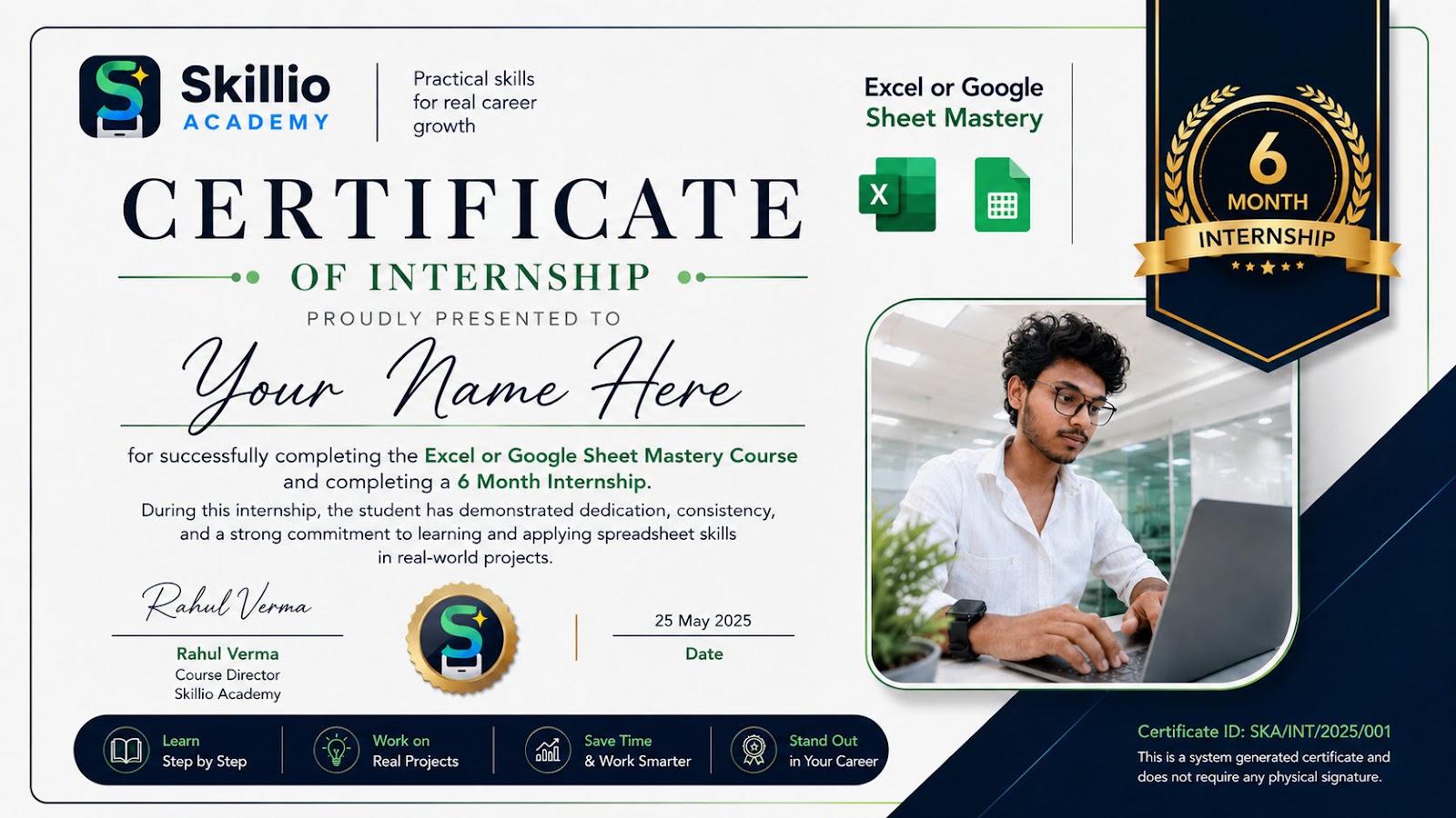 Skillio Academy 6-Month Internship Certificate Sample