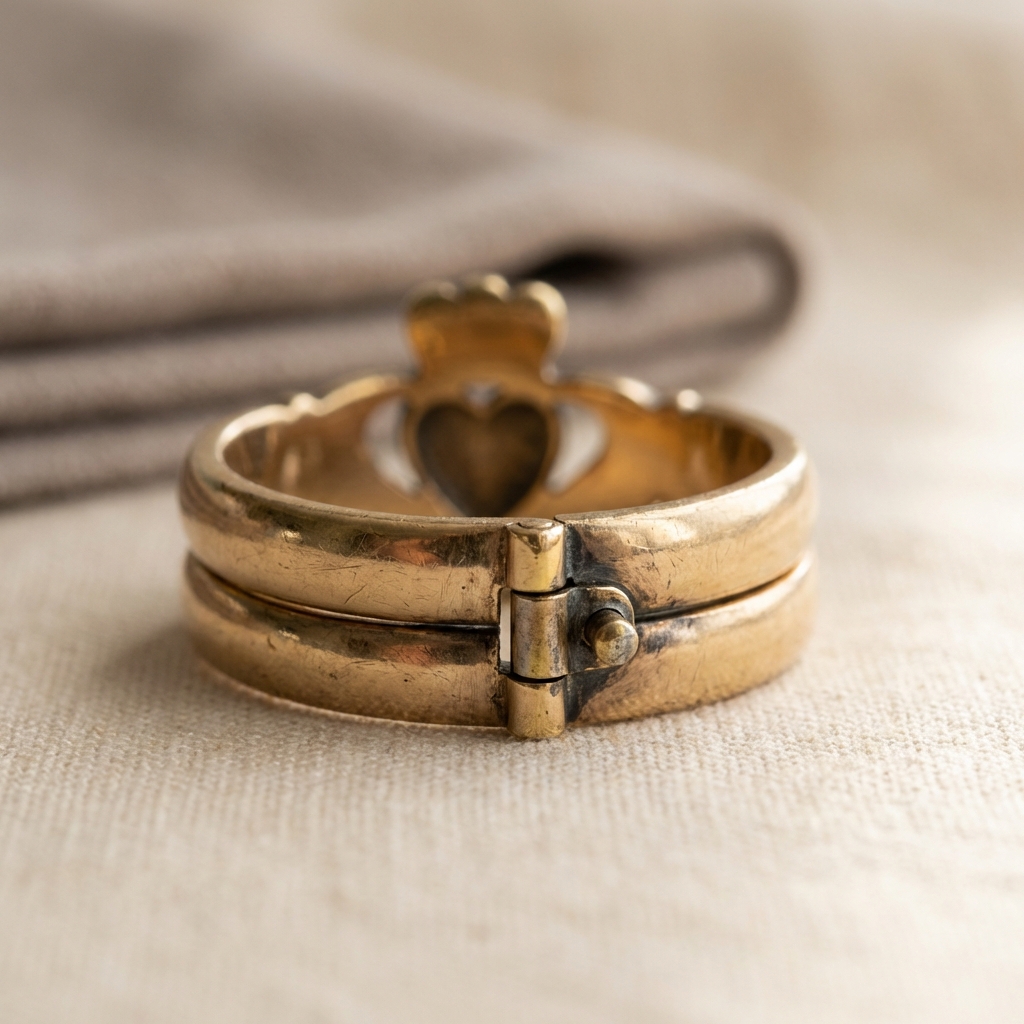 Macro photo of an ancient claddagh ring gimmel showing hinge pin and matching joins with warm patina on a soft beige background #ede7da in minimalist Aurora Antiqua style