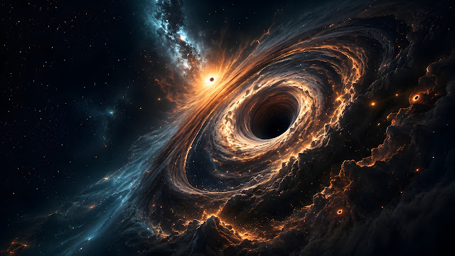 High-contrast 3D render of a massive black hole with a glowing orange swirling accretion disk in deep space.