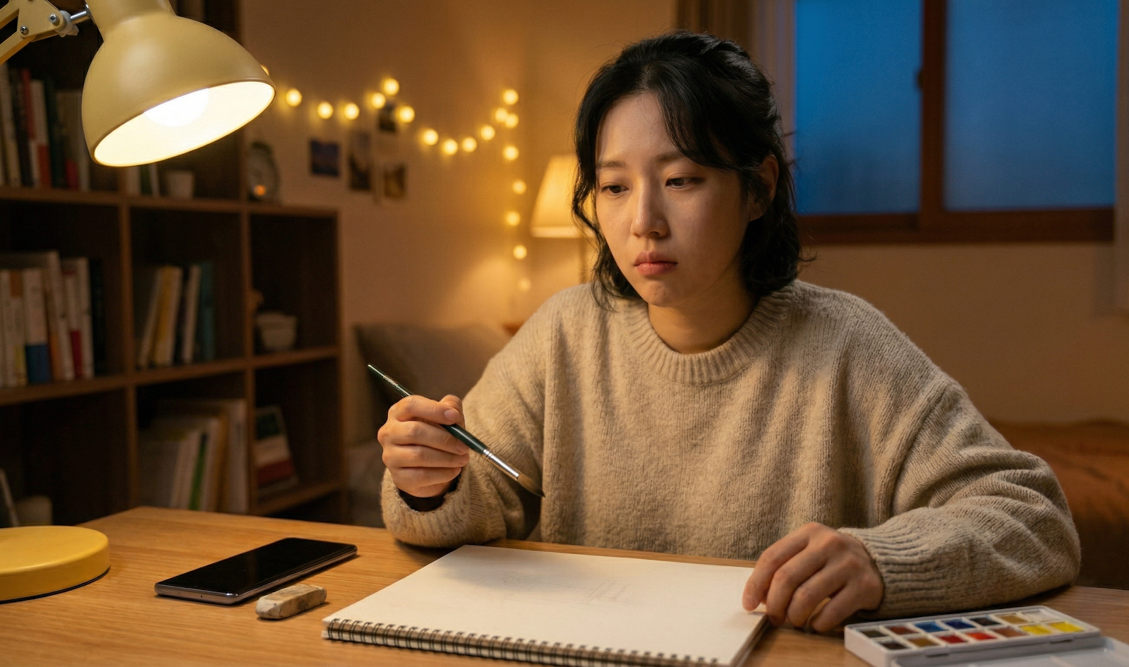 수채화 작업중 실내야경 집중 AI 취미 미술 포기 이유 3가지 수채화 다이어리 꾸준히 못하는 진짜 이유2