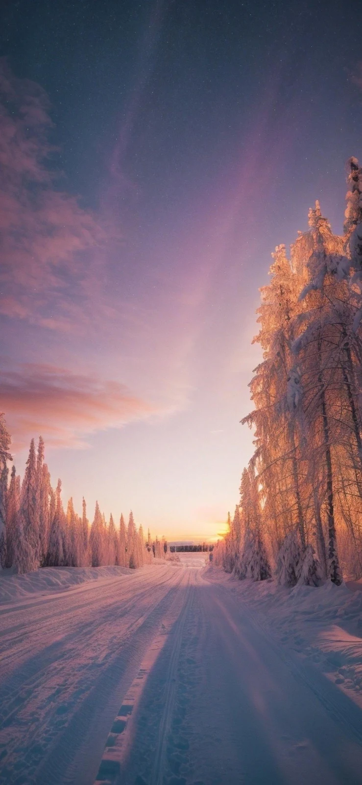 Snowy Forest Road At Sunset - Nature Photography Full HD iPhone Wallpaper (1172x2538)