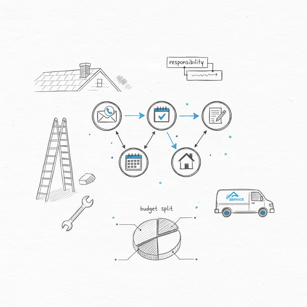 Notebook-style sketch of a field-service flow with ladder, roof, wrench and service van arranged around four-step icons representing inquiry, schedule, on-site and invoice &mdash; Thumbtack Pro