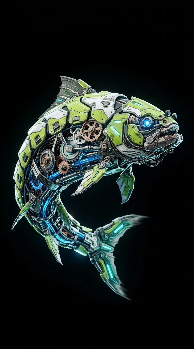 Detailed 3D Render of a Cybernetic Fish with Mechanical Gills and Lime Green Armor - Free 4K mobile Wallpaper