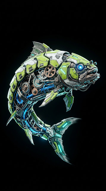 Detailed 3D Render of a Cybernetic Fish with Mechanical Gills and Lime Green Armor - Free mobile Wallpaper