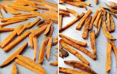 Cho khoai lên giấy nướng bánh, cho vào lò nướng khoảng 15-20 phút.