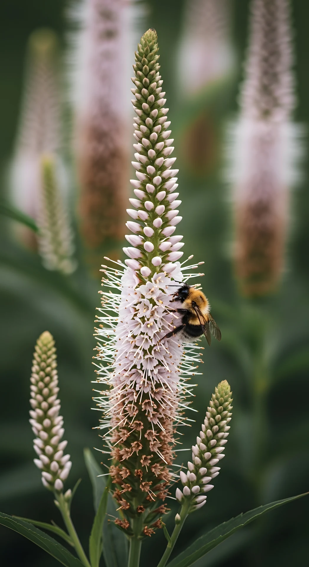 Bumblebee Pollinating Tall Spiked White Flower - Free 4K mobile Wallpaper