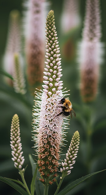 Bumblebee Pollinating Tall Spiked White Flower - Free mobile Wallpaper