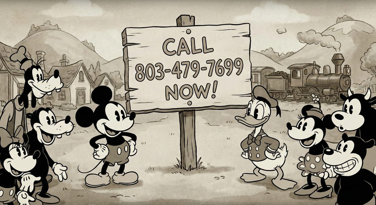 Modern Disney promotional poster featuring various Disney characters in colorful contemporary print style