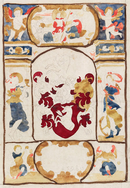 Motif héraldique au centre Résurrection du Christ et autres figures