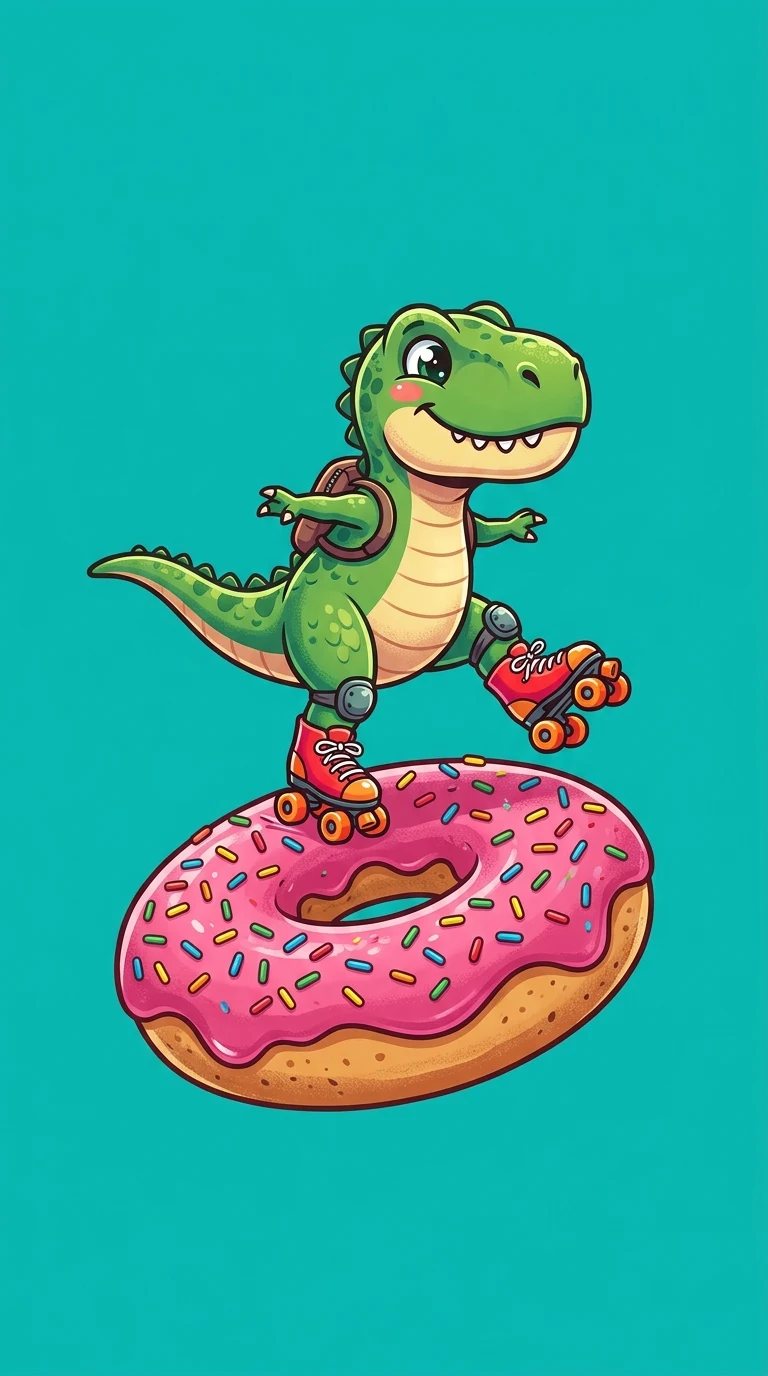 Small T-Rex Roller Skating on a Giant Pink Sprinkled Donut - Free 4K mobile Wallpaper