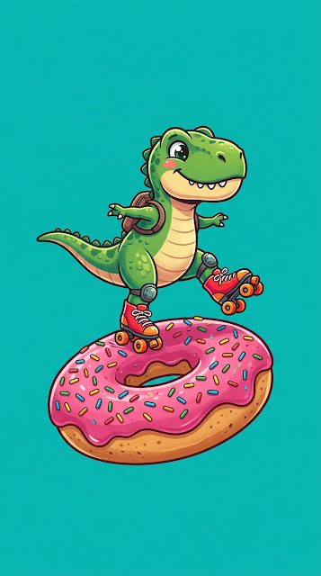 Small T-Rex Roller Skating on a Giant Pink Sprinkled Donut - Free mobile Wallpaper