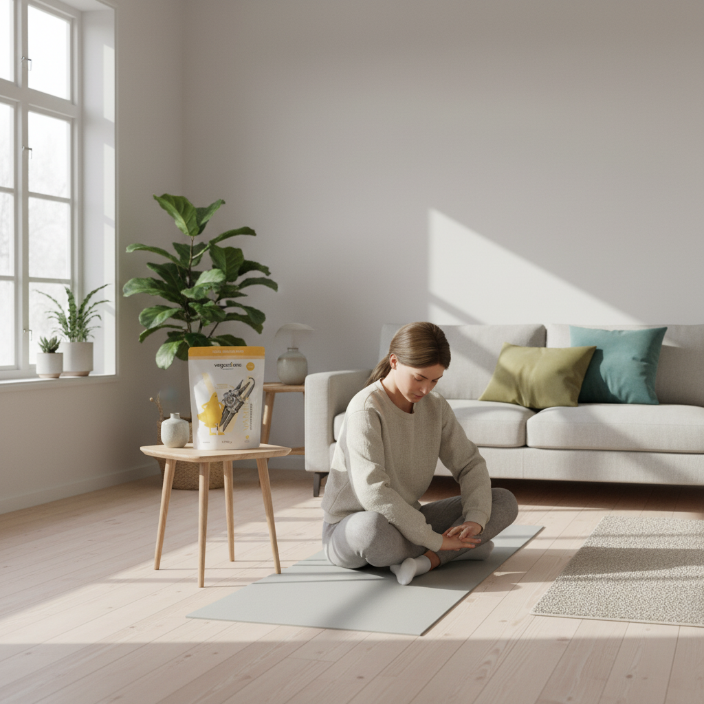 Minimalistisches Heim‑Workout mit Person beim Stretching, Yoga‑Matte, Holzfußboden, Pflanzen und sichtbarem Produkt aus den Referenzfotos — pflanzliches protein nieren