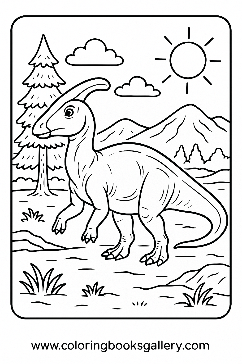Realistic Saurolophus in Prehistoric Times Coloring Page for Kids – free coloring page for kids