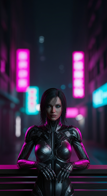 Dark Cyberpunk Woman Body Armor Neon City Dystopia - Free mobile Wallpaper